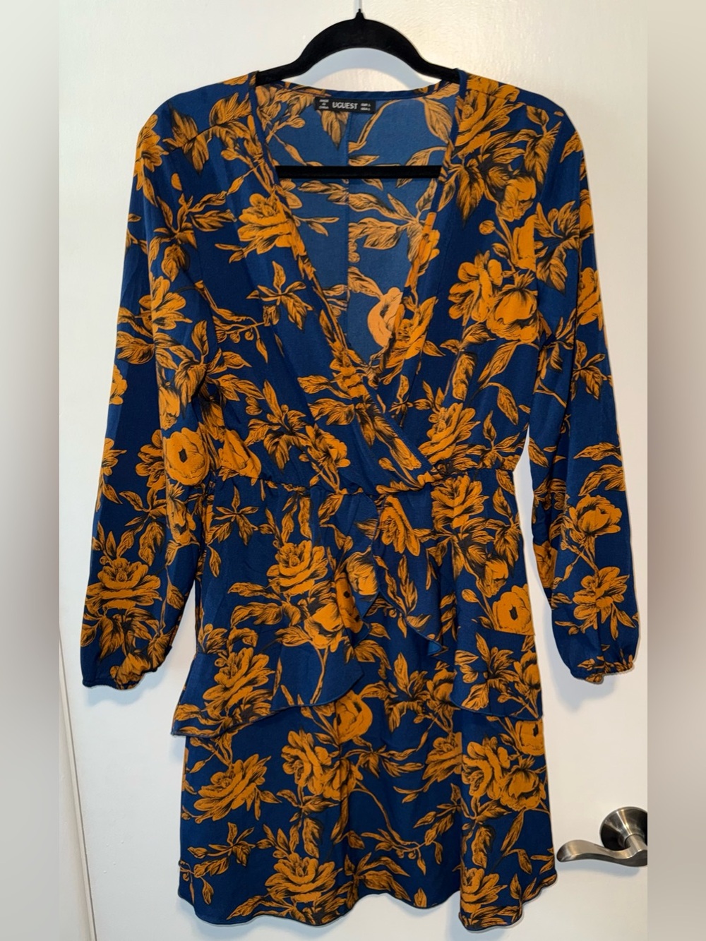 UGUEST Navy Floral Wrap-Style Long Sleeve Dress with Mustard Print